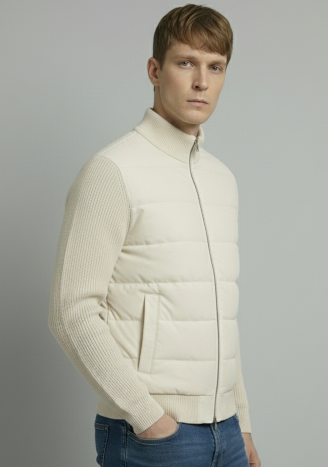 Hybrid Quilted Jacka med Ribbstickade Ärmar | Albin – Vit