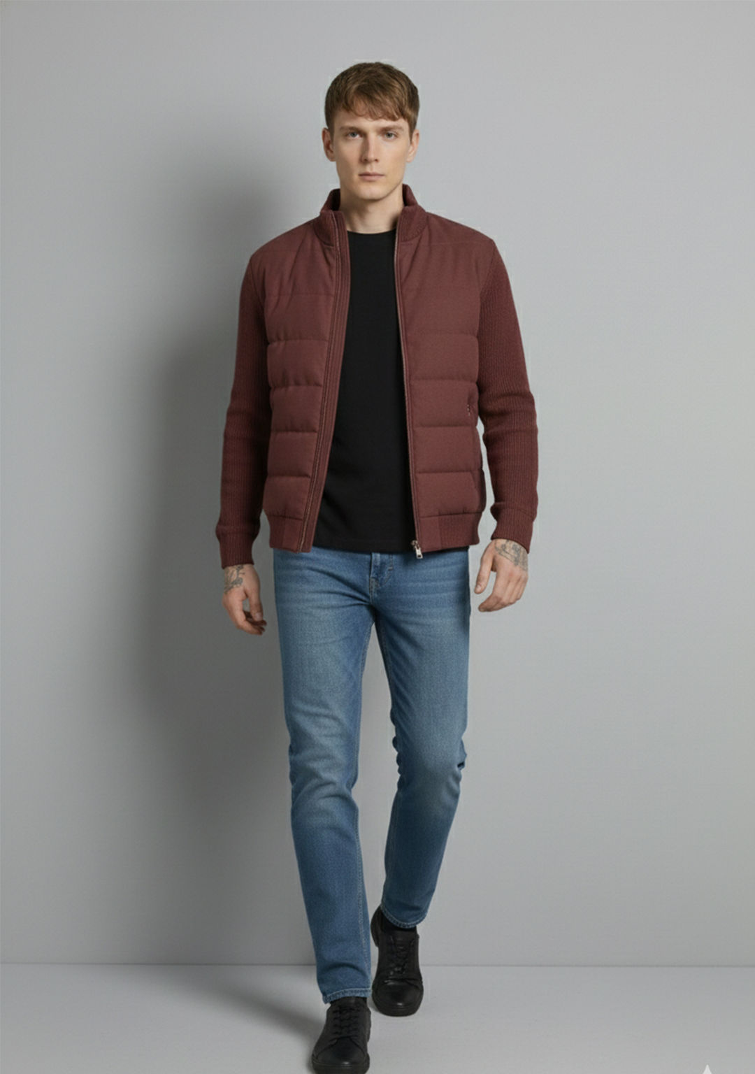 Hybrid Quilted Jacka med Ribbstickade Ärmar | Henrik – Vinröd