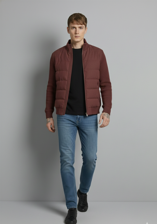 Hybrid Quilted Jacka med Ribbstickade Ärmar | Henrik – Vinröd