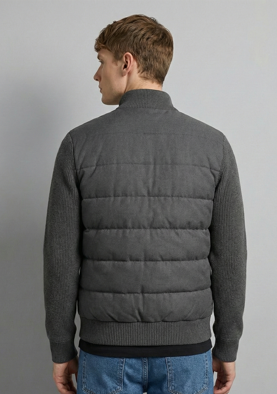 Hybrid Quilted Jacka med Ribbstickade Ärmar | Lukas – Mörkgrå