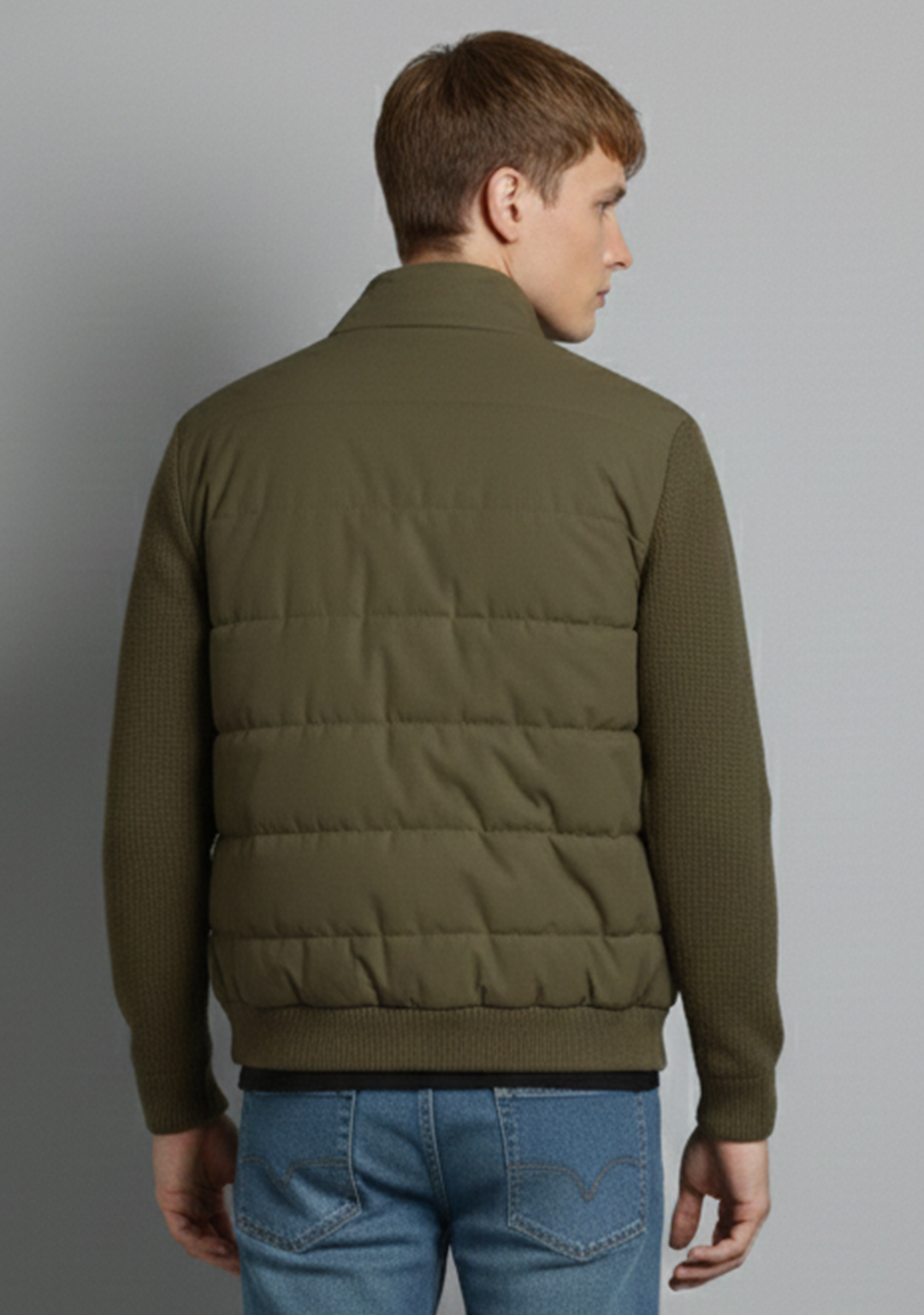 Hybrid Quilted Jacka med Ribbstickade Ärmar | Nils – Olivgrön