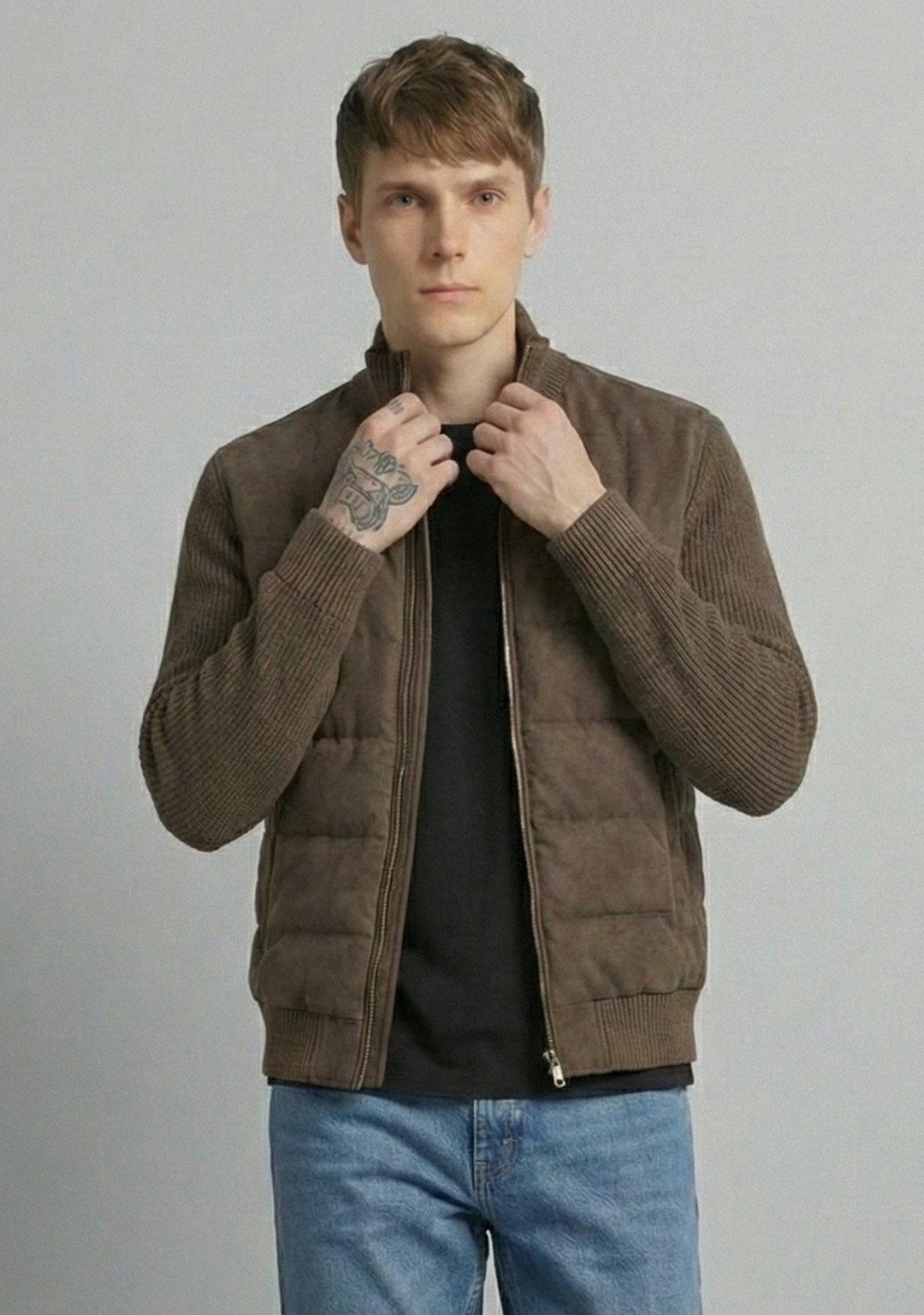 Hybrid Quilted Jacka med Ribbstickade Ärmar | Johan – Brun