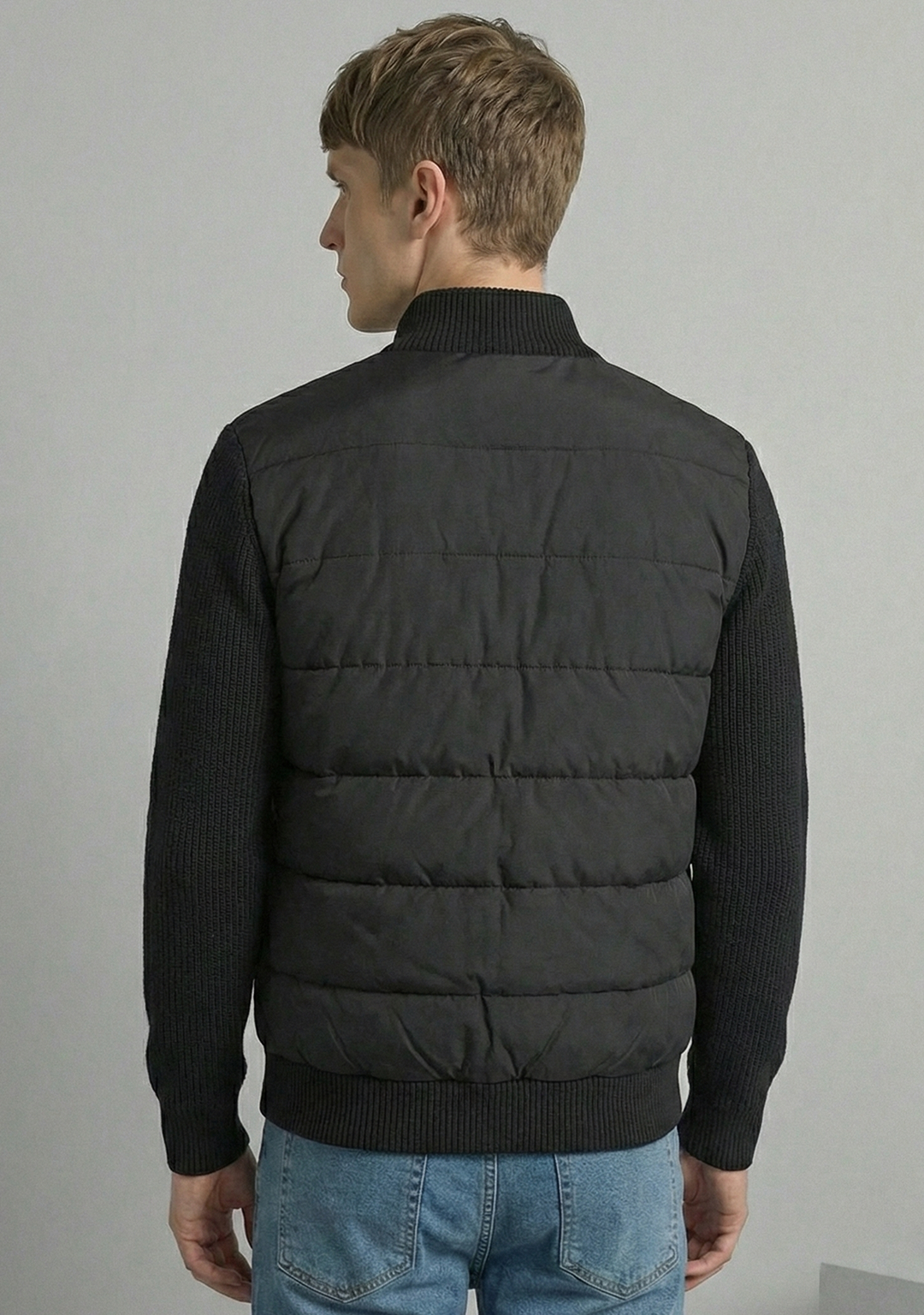 Hybrid Quilted Jacka med Ribbstickade Ärmar | Viktor – Kolsvart