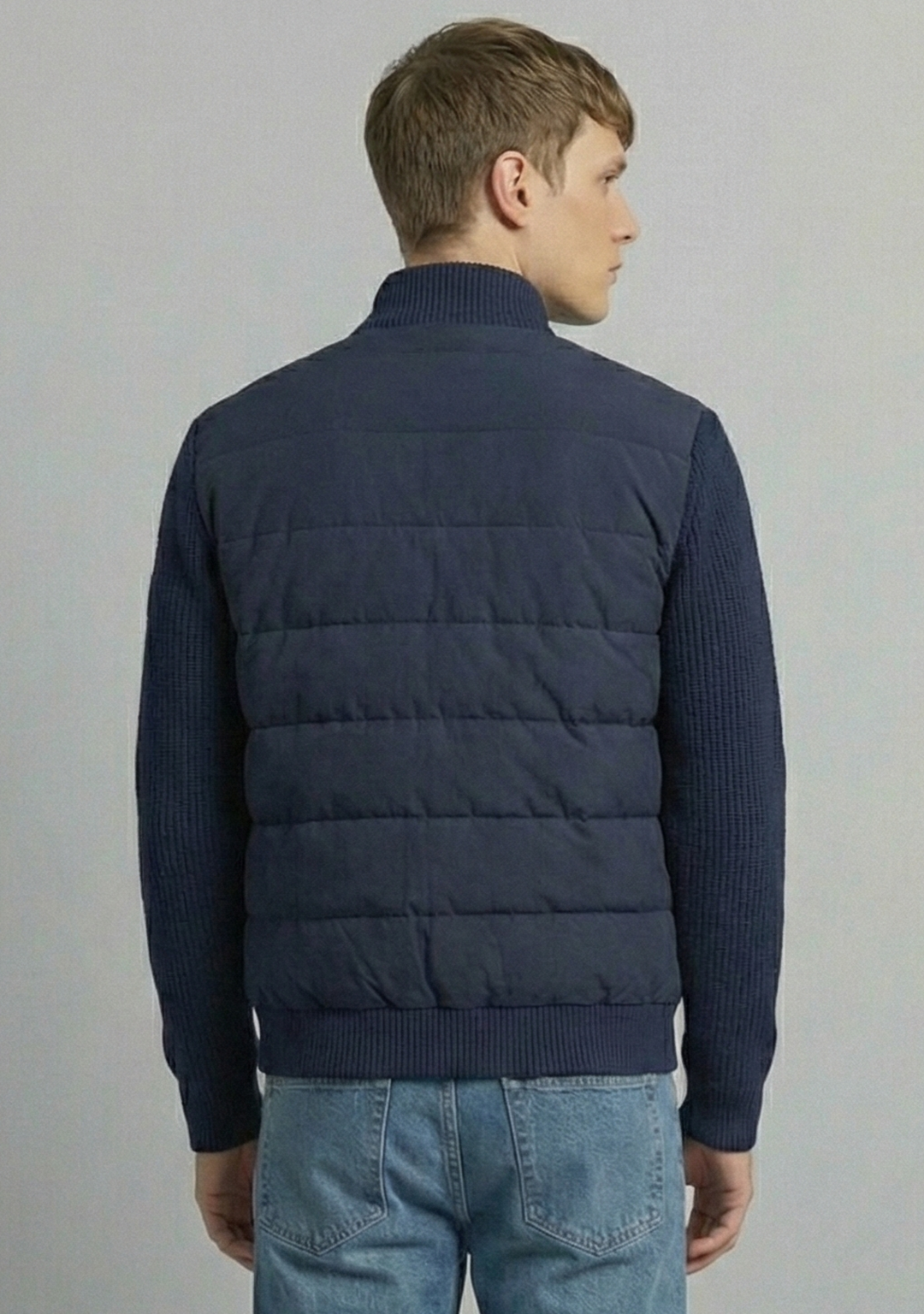 Hybrid Quilted Jacka med Ribbstickade Ärmar | Oskar – Marinblå