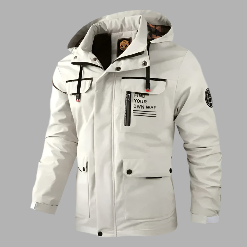 Herrjacka med huva och flera fickor