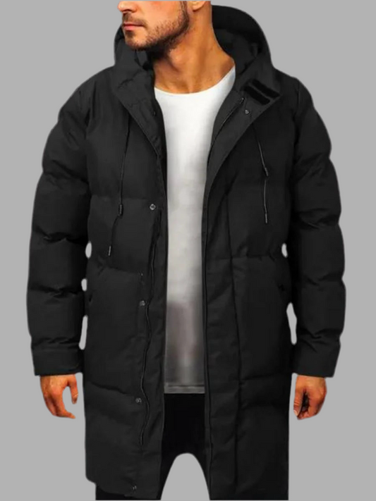 Lange gewatteerde herenjas med capuchon en ritssluiting