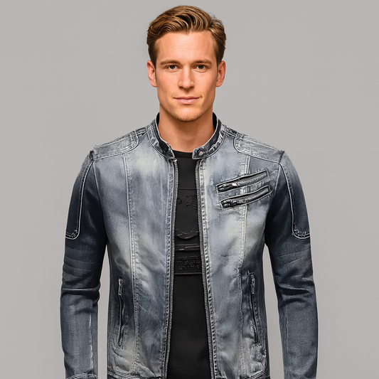 Herens denimjack med ritssluiting och borstzakken