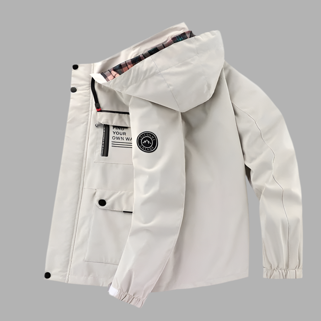 Herrjacka med huva och flera fickor