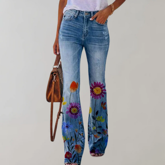 Dames jeans med bloemenprint en uitlopende pijpen