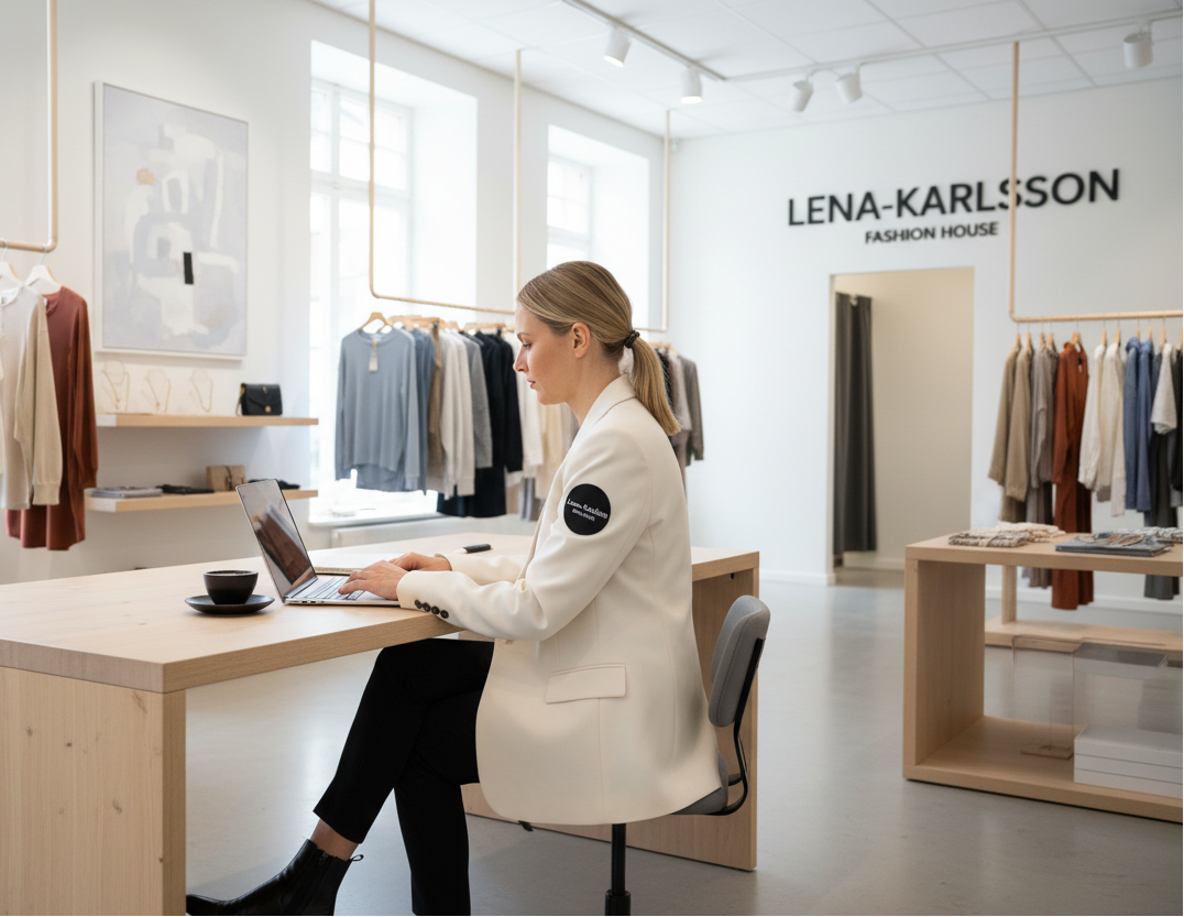 Swedish women working in laptop on a desk in fashion store in sweden and write the brand name on her uniform